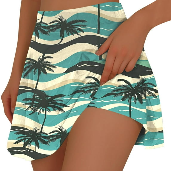 Htigea Hawaiian Skorts for Women Palm Tree Print Tennis Skort Summer Casual Beach Skirts with Built in Shorts Soft Comfy Skirt Green M