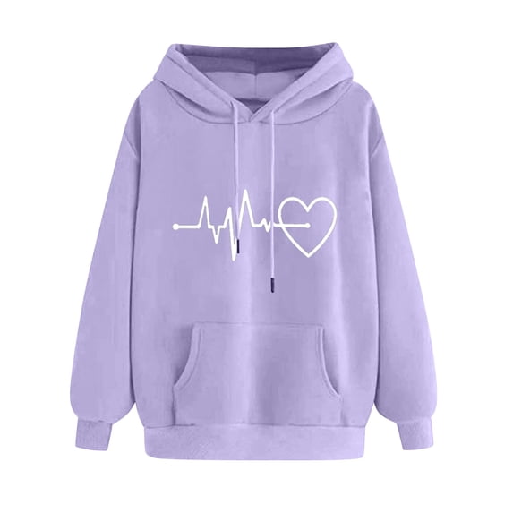 Htigea Heart Graphic Hoodies for Women Cute Sweatshirts Fall Winter Tops | Drawstring Hooded Pullover, Kangaroo Pocket, Loose Casual, Baggy Comfy Daily Wear Purple S
