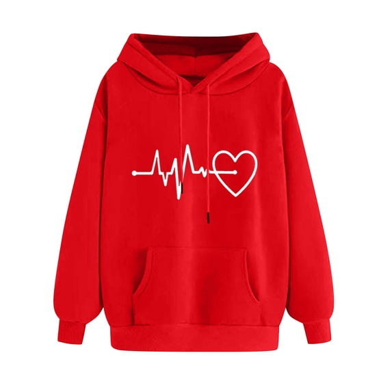 Htigea Heart Graphic Hoodies for Women Cute Sweatshirts Fall Winter Tops | Drawstring Hooded Pullover, Kangaroo Pocket, Loose Casual, Baggy Comfy Daily Wear Red XXL