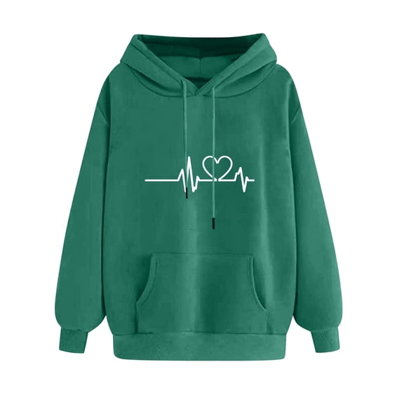 Htigea Heart Graphic Hoodies for Women Drawstring Hooded Sweatshirt Long Sleeve Casual Loose Fit Pullover Tops with Pocket Fall Winter Clothes Army Green L