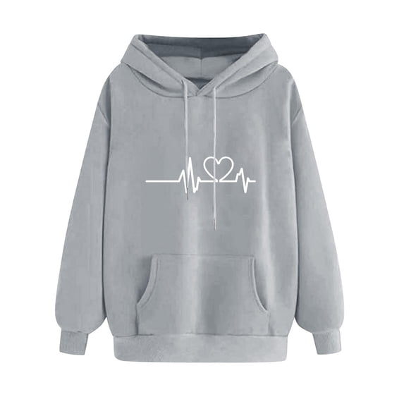 Htigea Heart Graphic Hoodies for Women Drawstring Hooded Sweatshirt Long Sleeve Casual Loose Fit Pullover Tops with Pocket Fall Winter Clothes Gray S