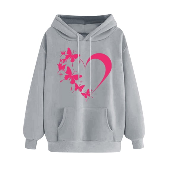Htigea Heart Graphic Hoodies for Women Drawstring Long Sleeve Sweatshirts Cute Holiday Casual Pullover Tops with Pockets Gray S