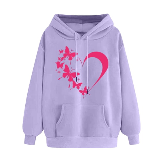 Htigea Heart Graphic Hoodies for Women Drawstring Long Sleeve Sweatshirts Cute Holiday Casual Pullover Tops with Pockets Purple M