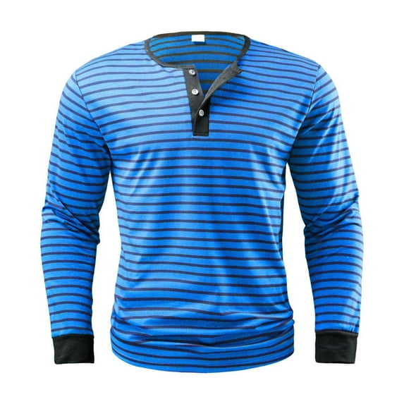 Dagegui Henley Shirts for Men Striped Long Sleeve Button Down V-Neck T-Shirts Fall Fashion Pullover Work Tops Blue M