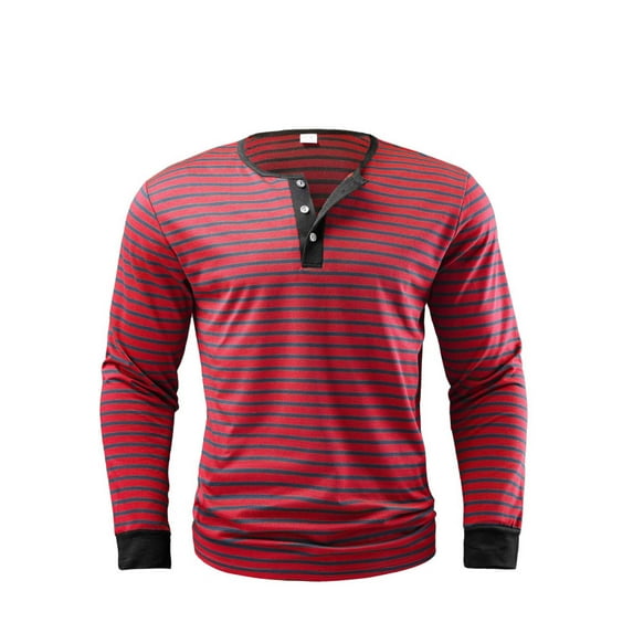 Dagegui Henley Shirts for Men Striped Long Sleeve Button Down V-Neck T-Shirts Fall Fashion Pullover Work Tops Red L