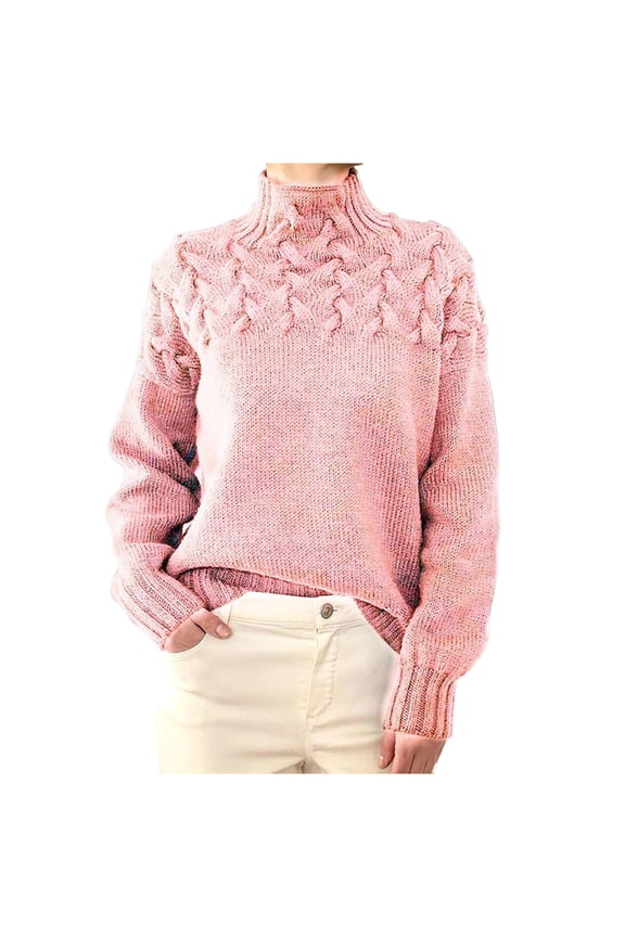 High Neck Sweaters for Women Solid Cable Knit Jumpers Fall Winter Casual Loose Fit Pullover Tops Pink XL