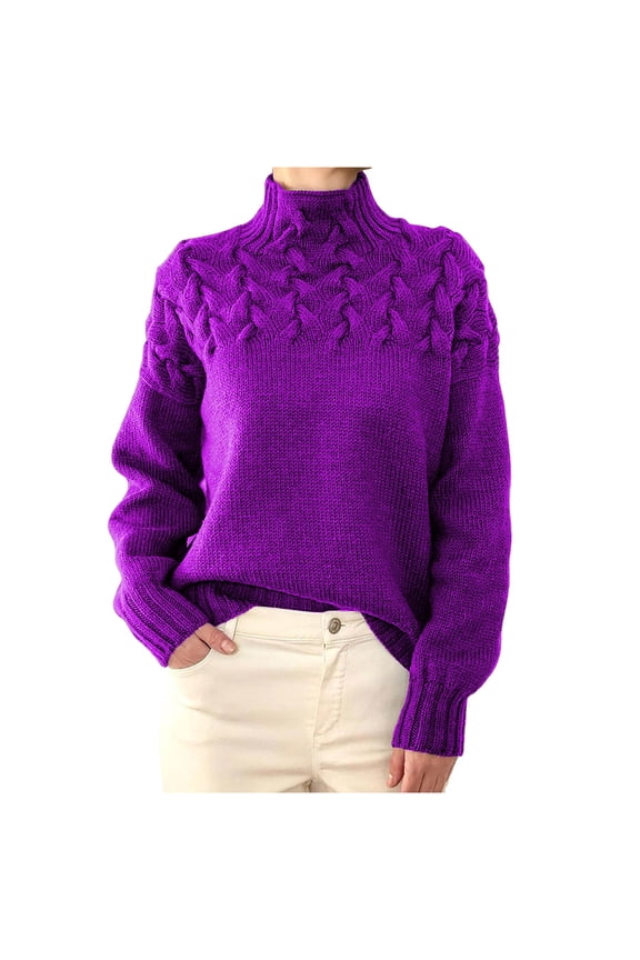 High Neck Sweaters for Women Solid Cable Knit Jumpers Fall Winter Casual Loose Fit Pullover Tops Purple XXL