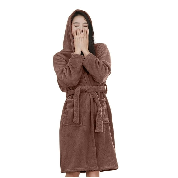 Htigea Hooded Bathrobes for Women Soft Short Towel Robes Absorbent Shower Wrap Loungewear Fuzzy Winter Housecoat Coffee,Free Size