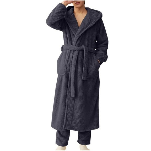 Htigea Hooded Robes for Men Winter Warm Fleece Bathrobe Soft Comfy Long Nightgown Belted Spa Shower Robe with Pocket Dark Gray,XL
