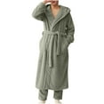 thumbnail image 1 of Htigea Hooded Robes for Men Winter Warm Fleece Bathrobe Soft Comfy Long Nightgown Belted Spa Shower Robe with Pocket Green,L, 1 of 3