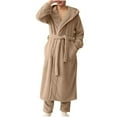 thumbnail image 1 of Htigea Hooded Robes for Men Winter Warm Fleece Bathrobe Soft Comfy Long Nightgown Belted Spa Shower Robe with Pocket Khaki,XXL, 1 of 3