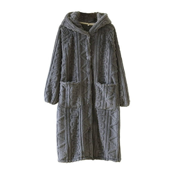 Htigea Hooded Robes for Women Fleece Long Sleeve Button Up Bathrobes Soft Cozy Warm Loungewear Nightgown with Pockets Gray,M