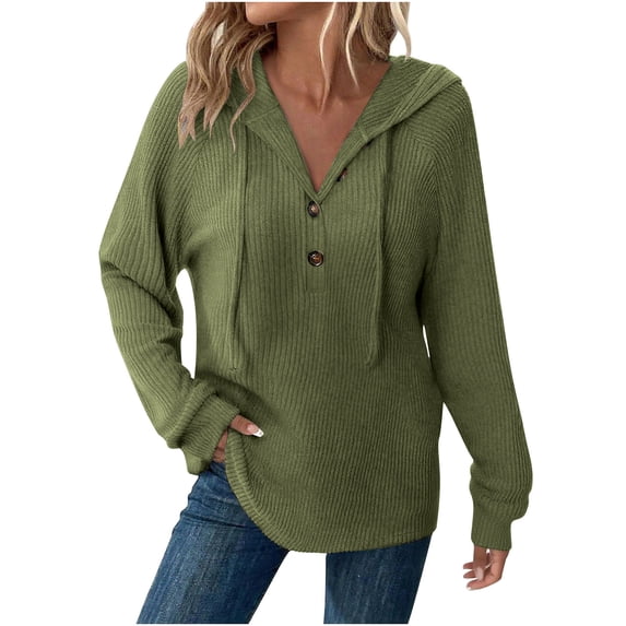 Htigea Hooded Shirts for Women Ribbed Knit Long Sleeve Tops | Drawstring Hoodies, Button Up Pullover, Loose Casual Daily Wear Army Green L