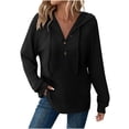 thumbnail image 1 of Htigea Hooded Shirts for Women Ribbed Knit Long Sleeve Tops | Drawstring Hoodies, Button Up Pullover, Loose Casual Daily Wear Black S, 1 of 6