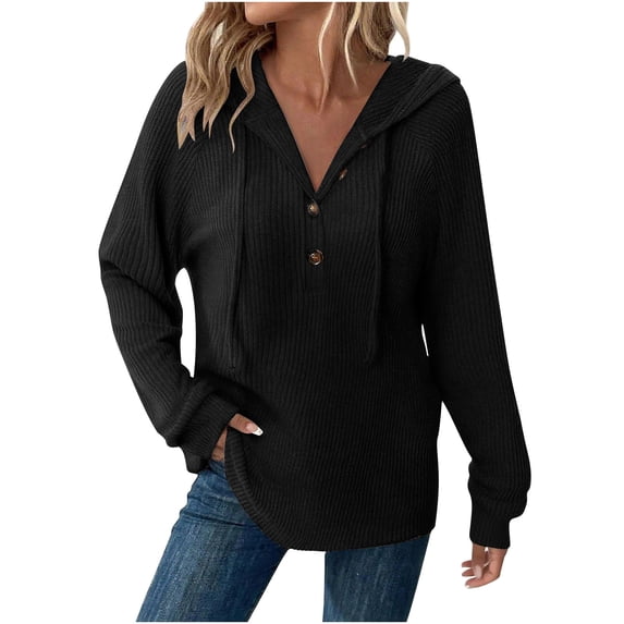 Htigea Hooded Shirts for Women Ribbed Knit Long Sleeve Tops | Drawstring Hoodies, Button Up Pullover, Loose Casual Daily Wear Black S