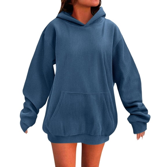 Htigea Hooded Sweatshirt for Women Oversized Long Sleeve Pullover Fall Casual Loose Fit Hoodies with Pockets Blue L