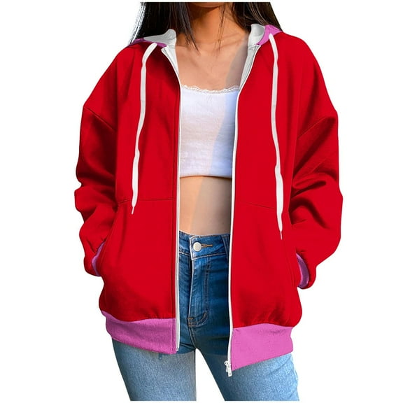 Htigea Hoodies Jackets for Women Drawstring Hooded Sweatshirts with Pockets Fall Fashion Color Block Coats Hot Pink L