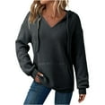 thumbnail image 1 of Htigea Hoodies for Women V-Neck Hooded Sweatshirts Knit Ribbed Long Sleeve Pullover Casual Loose Tunic Tops with Pocket Dark Gray M, 1 of 9