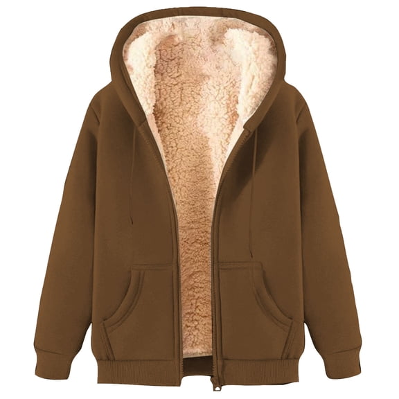 Htigea Hoodies for Women Winter Fleece Sweatshirt Full Zip Up Thick Sherpa Lined Hooded Jacket with Pockets Brown 2XL