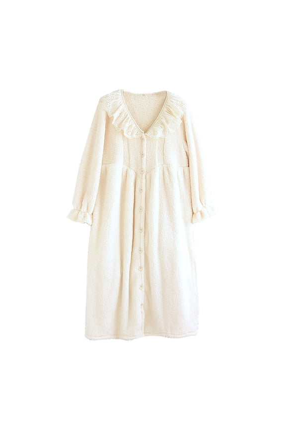 Housecoats for Women Cute Ruffle Button Front Nightgown Fleece Sleep Dress Warm Winter Shower Robes White,L