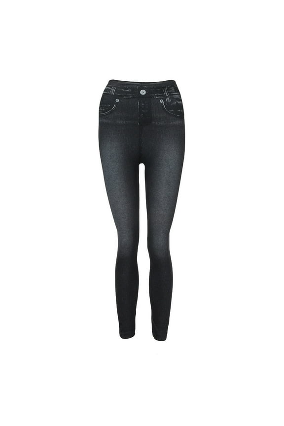 Imitation Denim Leggings for Women High Waisted Stretchy Yoga Pant Ladies Slimming Trousers Fake Jean Tights for All Seasons Black