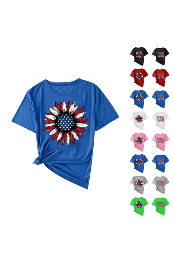 Independence Day T Shirt for Women Sunflower Graphic Crewneck Short Sleeve Shirts 4th of July Patriotic Tees Casual Loose Fit Summer Tops Blue,L