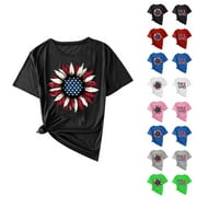 HTIGEA Independence Day T Shirt for Women Sunflower Graphic Crewneck Short Sleeve Shirts 4th of July Patriotic Tees Casual Loose Fit Summer Tops Black,S