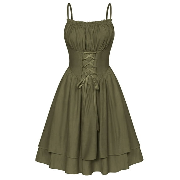 Htigea Irish Dresses for Women Spaghetti Strap Sleeveless Corset Dress Pleated Renaissance Dress Army Green M