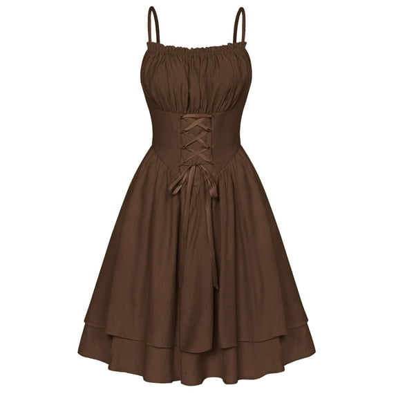 Htigea Irish Dresses for Women Spaghetti Strap Sleeveless Corset Dress Pleated Renaissance Dress Coffee 2XL