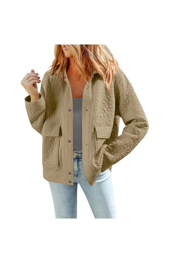 Jackets for Women Casual Long Sleeve Jacquard Coats Trendy Collared Snap Shacket Jacket with Pockets Khaki L