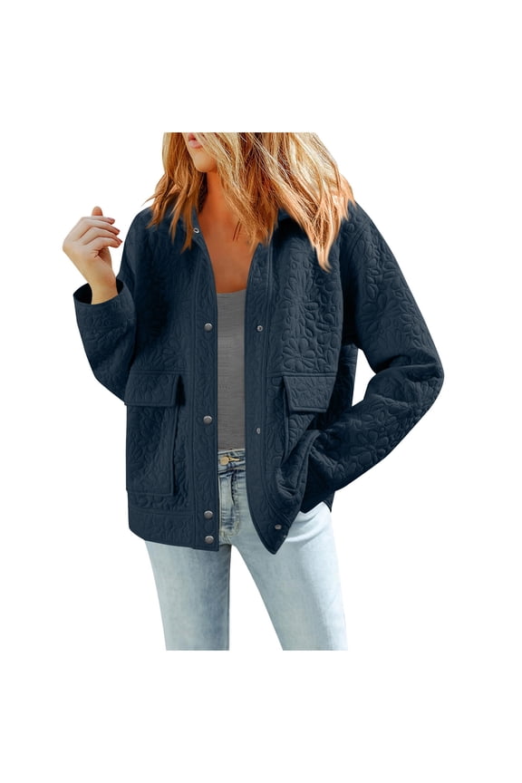 Jackets for Women Casual Long Sleeve Jacquard Coats Trendy Collared Snap Shacket Jacket with Pockets Navy L