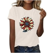 Htigea Independence Day T Shirt for Women Sunflower Graphic Crewneck Short Sleeve Shirts 4th of July Patriotic Tees Casual Loose Fit Summer Tops 2025 Clearance Black,S