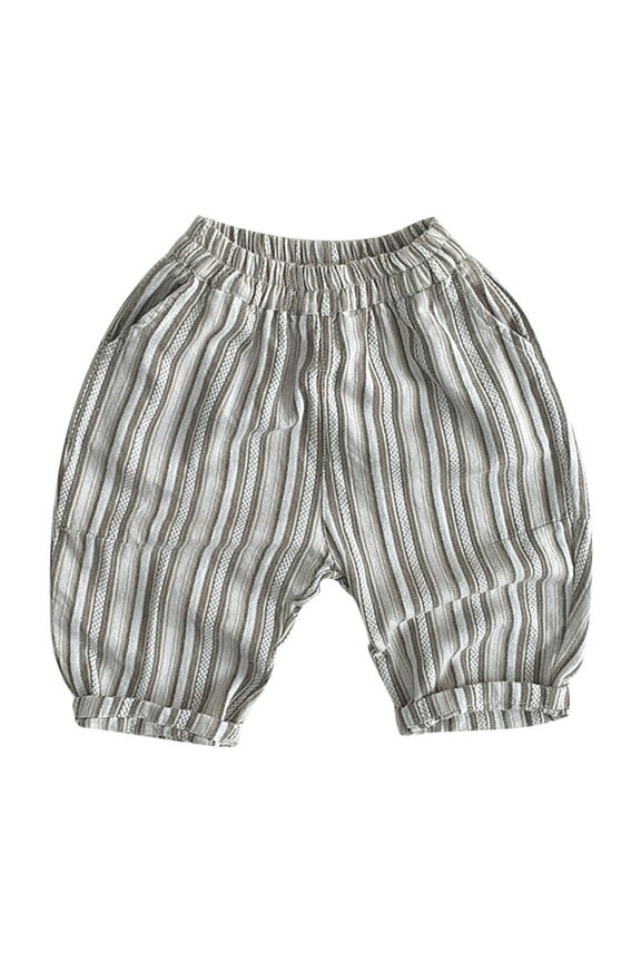 Kids Cotton Linen Pants Trendy Striped Print Lounge Trousers Little Boys Girls Elastic Waist Casual Loose Fit Pant Soft Comfy Bottoms White 90