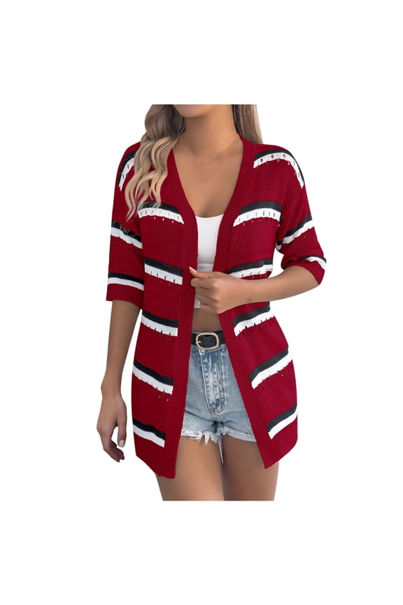 Knit Cardigan Sweaters for Women Casual Loose Fit Long Cardigans Half Sleeve Patchwork Cardigan Tops Wine,S