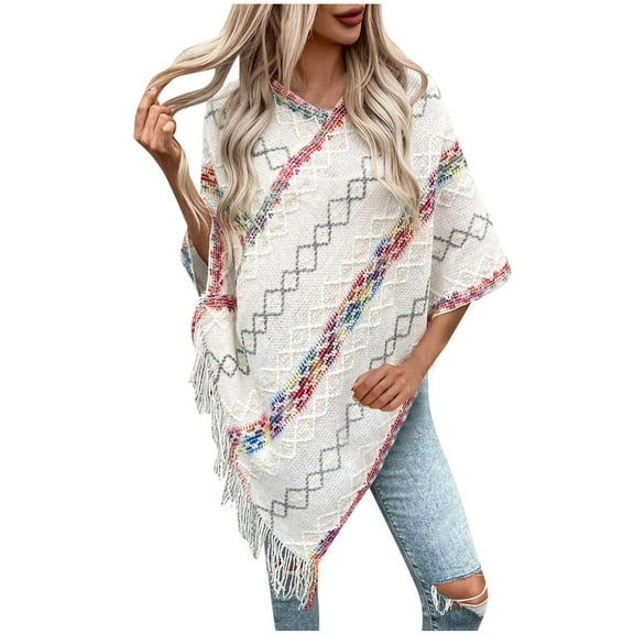 Htigea Knit Shawl Wraps for Women Trendy Boho Cape with Tassel Casual Cozy Vacation Sweaters White Free Size