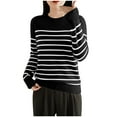 thumbnail image 1 of Htigea Knit Sweaters for Women Striped Long Sleeve Crewneck Pullover Casual Loose Fit Everyday Tops Black 2XL, 1 of 3