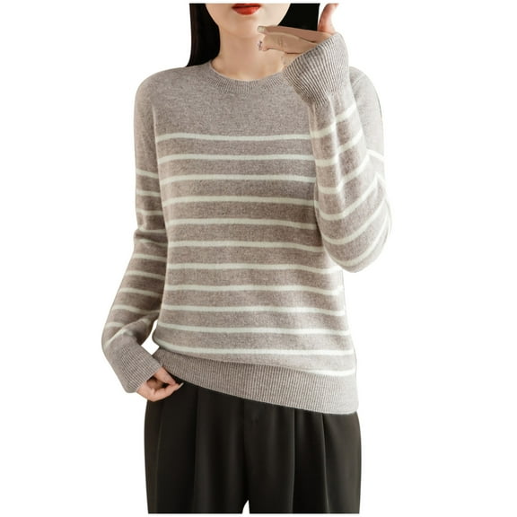 Htigea Knit Sweaters for Women Striped Long Sleeve Crewneck Pullover Casual Loose Fit Everyday Tops Khaki S