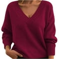 thumbnail image 1 of Htigea Knit V Neck Sweater for Women Casual Long Sleeve Pullover Solid Fall Winter Warm Sweaters Tops Wine M, 1 of 3