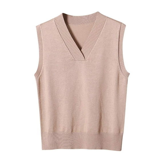 Htigea Knit Vest Sweaters for Women V-Neck Sleeveless Tank Tops Solid Fall Pullover Tops Khaki S