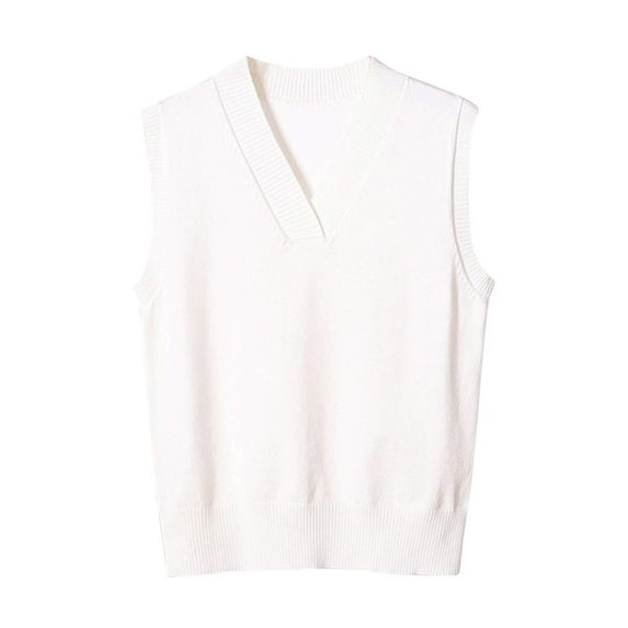 Htigea Knit Vest Sweaters for Women V-Neck Sleeveless Tank Tops Solid Fall Pullover Tops White XL