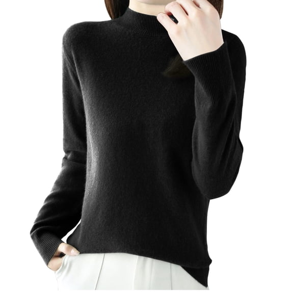 Htigea Knitted Sweater for Women Soft Mock Neck Long Sleeve Pullover Solid Color Lightweight Jumper Tops Black M