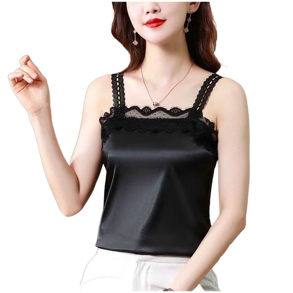 Htigea Lace Patchwork Camisoles for Women Satin Spaghetti Straps Tank Tops Summer Sleeveless Casual Shirts Black M
