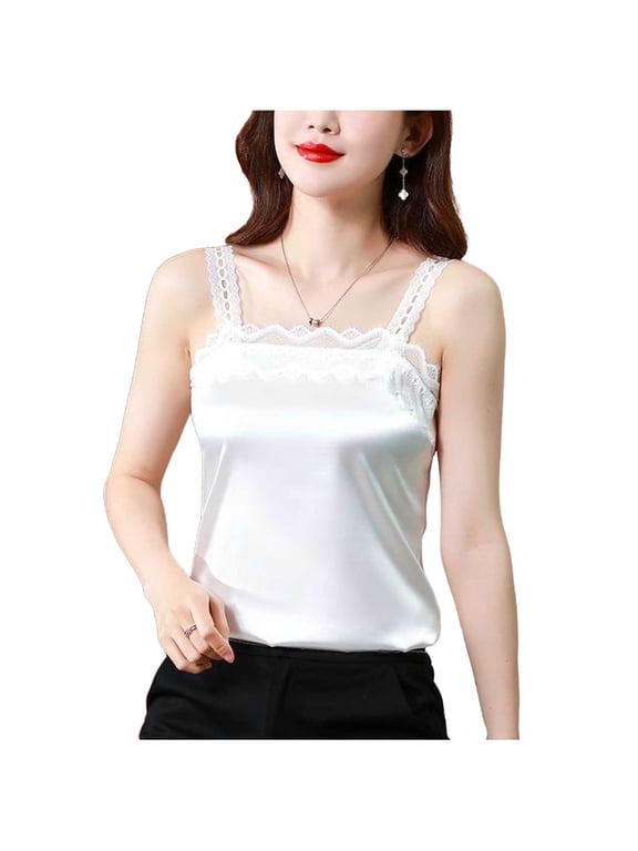 Lace Patchwork Camisoles for Women Satin Spaghetti Straps Tank Tops Summer Sleeveless Casual Shirts White M