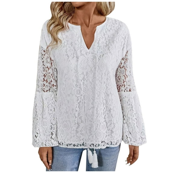 Htigea Lace Shirts for Women V-Neck Long Sleeve Casual Loose Fit Tops Fall Trendy Tunic Blouse White S