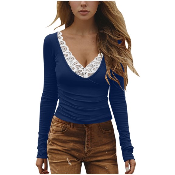 Htigea Lace Splicing V-Neck Tops for Women Stretch Slim Long Sleeve Shirts Cropped Tee Elegant Going Out Blouse Dark Blue XL