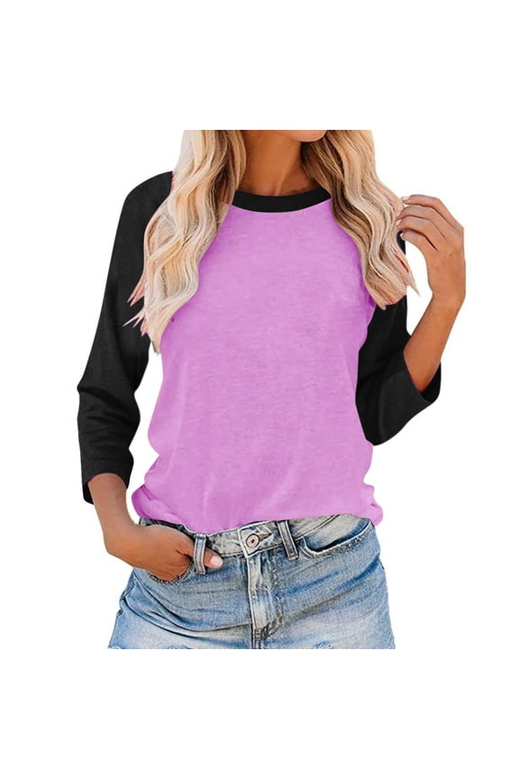 Ladies 3/4 Length Sleeve Tops Raglan Contrast Crewneck Casual Shirts Womens Three Quarter Sleeves Loose Fit Summer Blouses Fall T-Shirts Purple,2XL