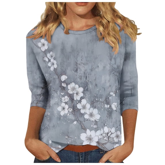 Htigea Ladies 3/4 Sleeve Crew Neck T Shirt Flower Print Tees Casual Comfy Pullover Top Summer Fall Spring Tshirts Gray,3XL