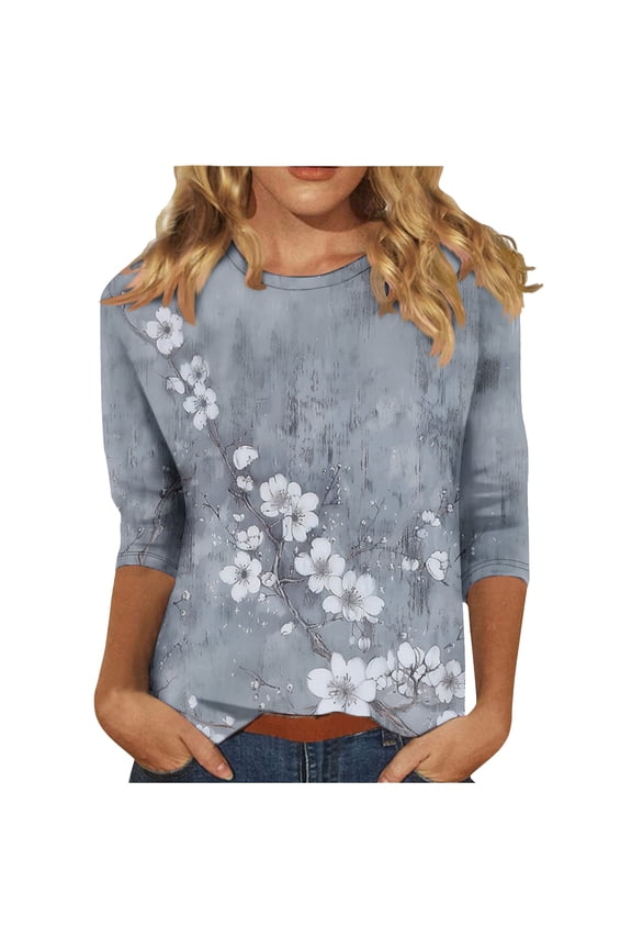 Ladies 3/4 Sleeve Crew Neck T Shirt Flower Print Tees Casual Comfy Pullover Top Summer Fall Spring Tshirts Gray,S