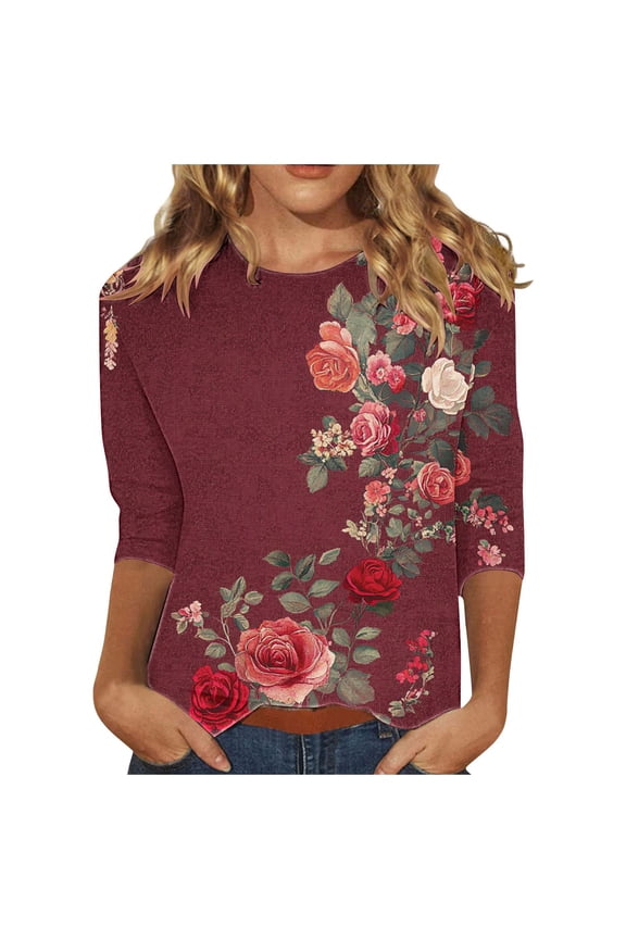 Ladies 3/4 Sleeve Crew Neck T Shirt Flower Print Tees Casual Comfy Pullover Top Summer Fall Spring Tshirts Red,XL