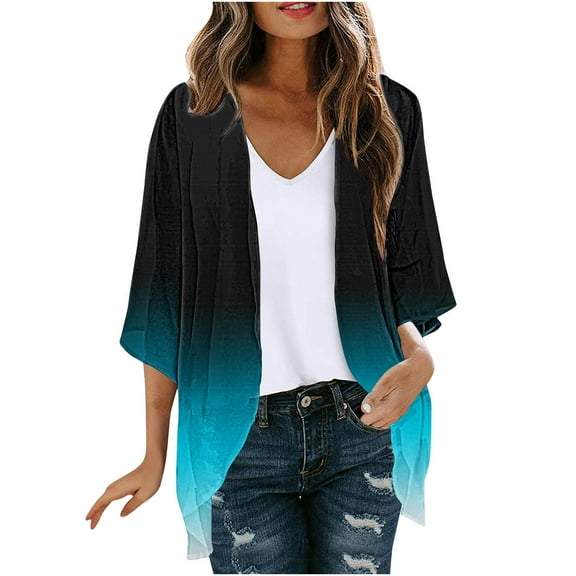 Htigea Lightweight 3/4 Sleeve Cardigan for Women Chiffon Open Front Cardigans Soft Comfy Summer Cover Up Tops Blue XL